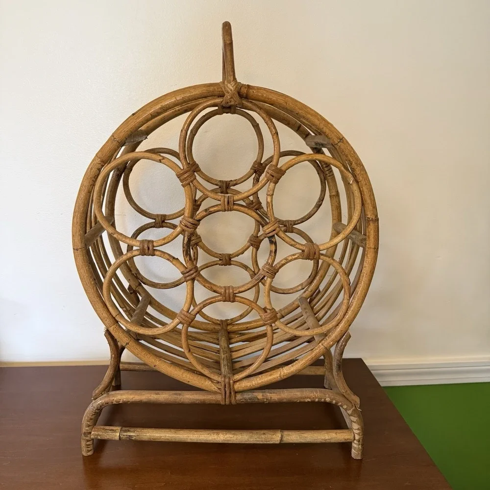 Rattan Bamboo Round Freestanding Wine Rack Bottle Holder Handle 7 Bottle 16